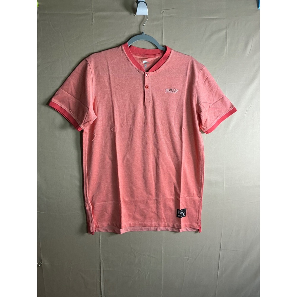 Shield Apparel‎ Mens Small Coral Pink Heathered Short Sleeve Henley Pique Shirt